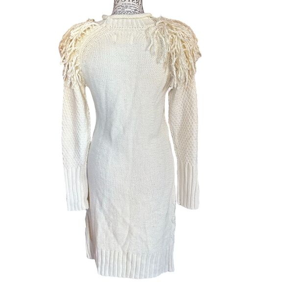 Eliza J Size XS Ivory Fringe Shoulder Cable Knit Sweater Dress Boho Cowgirl - Picture 6 of 6